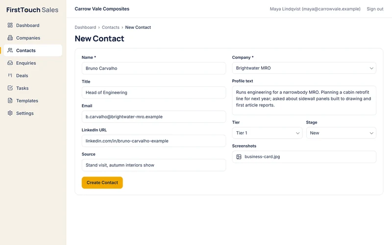 The new contact form, with source, profile text and tier.