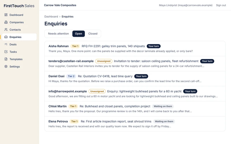 The enquiries queue, with each enquiry marked Your turn or Waiting on them.
