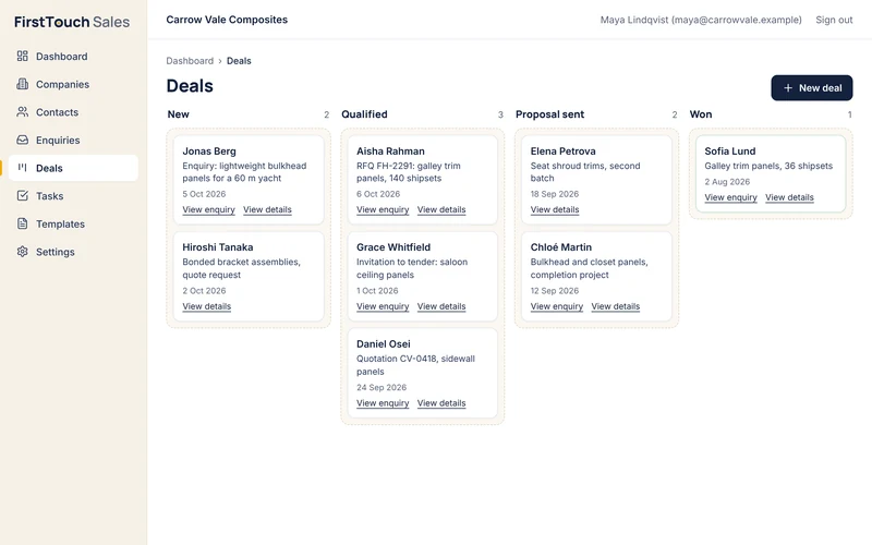 The deal board, with deals in New, Qualified, Proposal sent and Won.