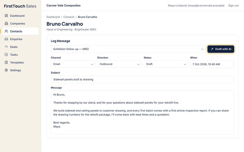 A follow-up email drafted with AI from a template, ready to edit.