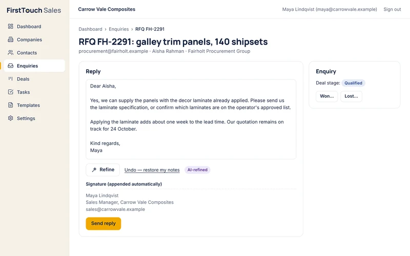 A reply refined from rough notes, marked AI-refined, with the signature and the Send reply button.