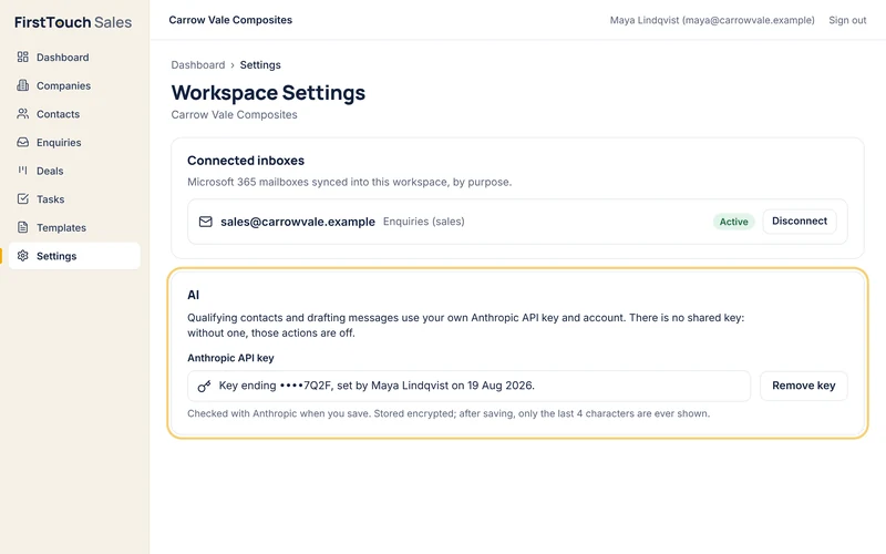 The AI settings, where an admin adds the workspace's own Anthropic API key.